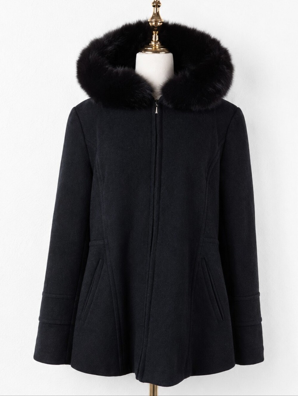 Sachi XL Italian Wool Cashmere Real Fox Fur Hood Coat Black Luxury Winter